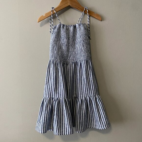 Handmade Children's Linen Rayon Navy Blue White Stripes Spaghetti Strap Dress - Picture 2 of 13